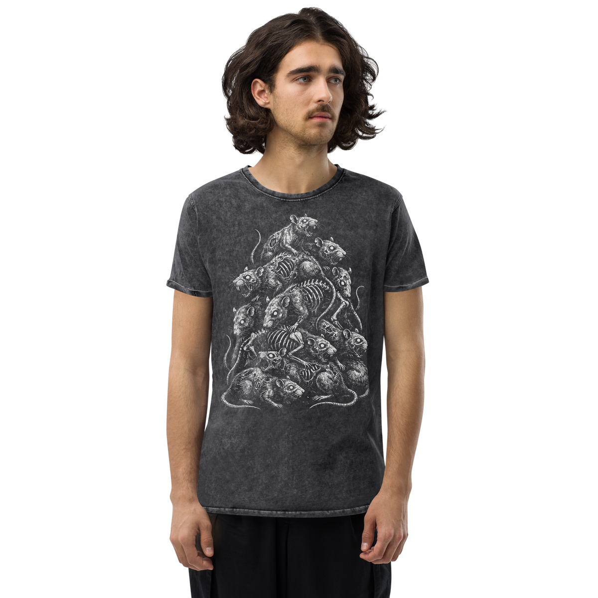 Plague Rats black denim t-shirt, original Printful front on-body view