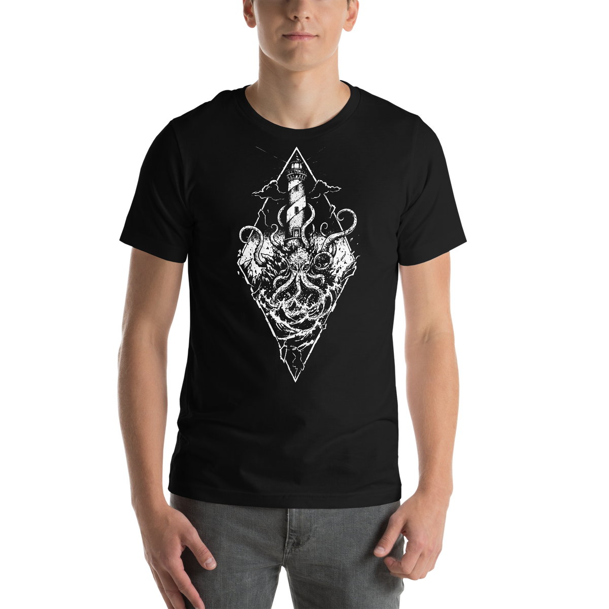 Prism of the Abyss black t-shirt, original Printful front on-body view