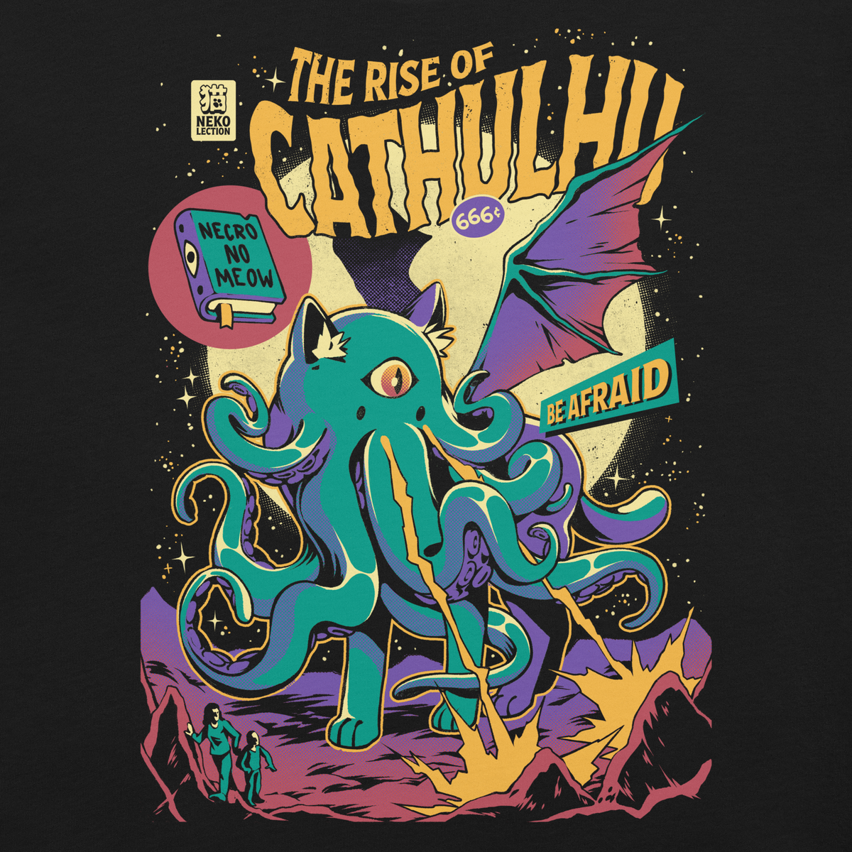 The Rise of Cathulhu black t-shirt, original Printful artwork detail