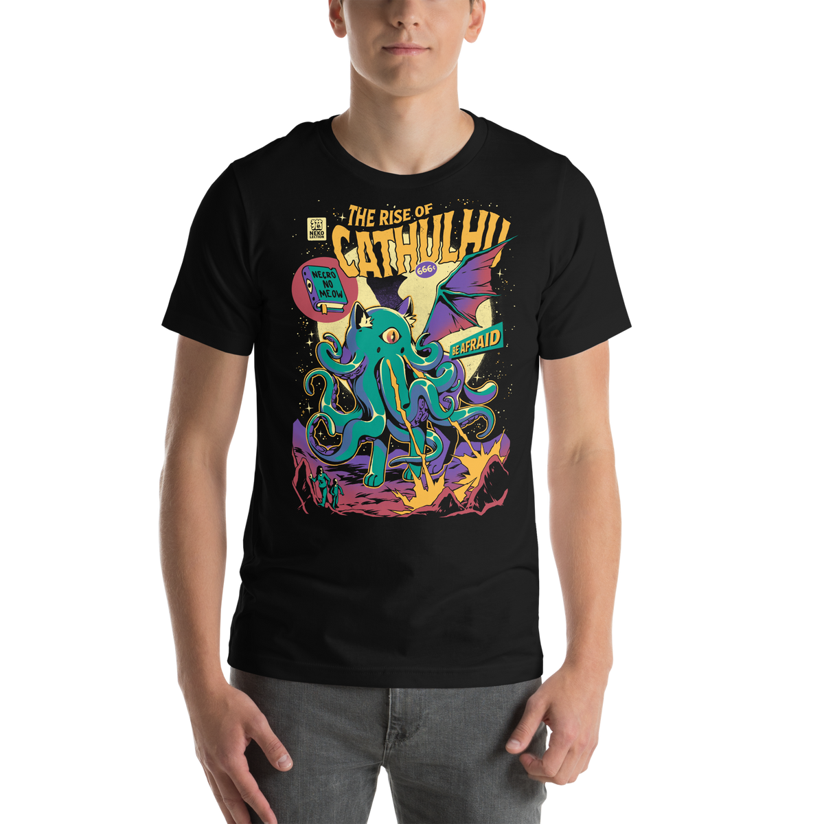 The Rise of Cathulhu black t-shirt, original Printful front on-body view