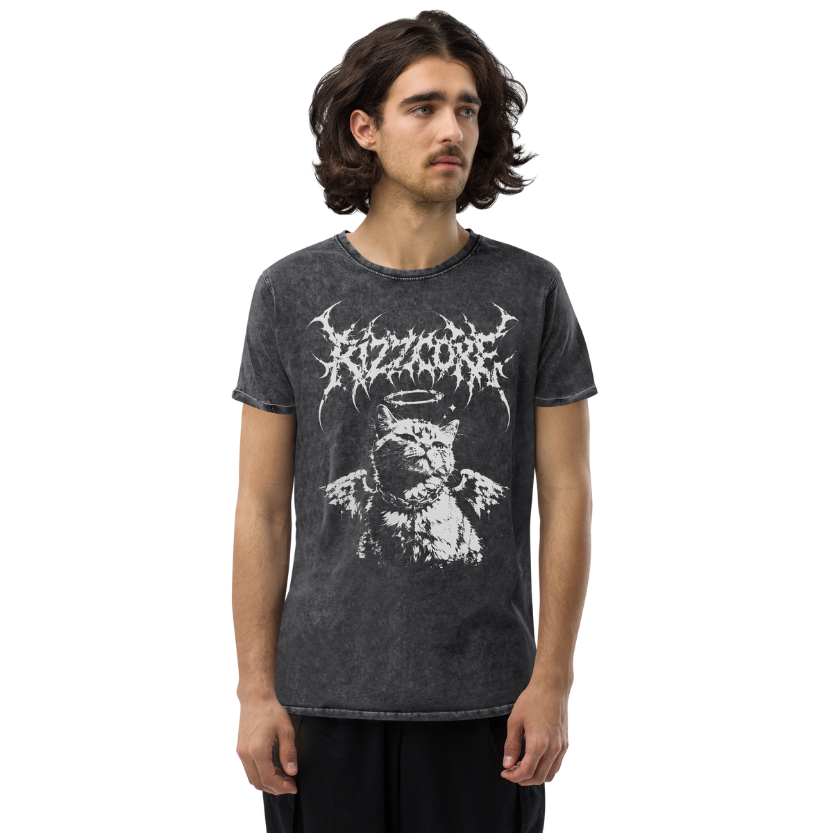 Printful supplier on-body mockup of the Rizzcore Angel Cat original artwork on the black denim T-shirt.
