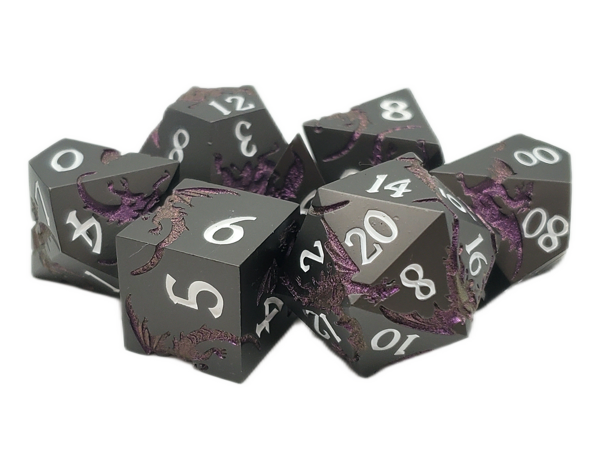 Soaring Dragon Metal Dice Set - Matte Black & Purple
