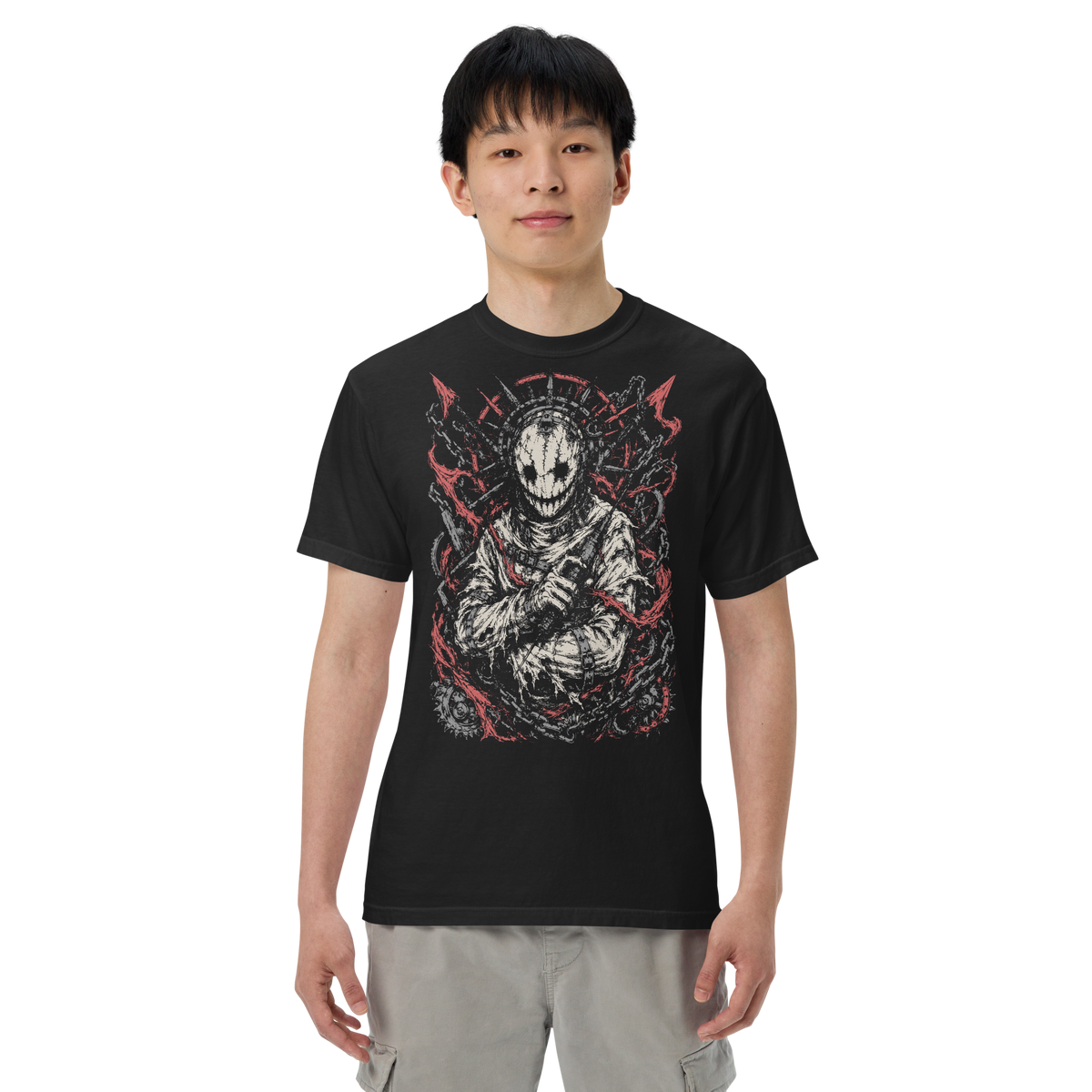 Spiked Mask black heavyweight t-shirt, original Printful front on-body view