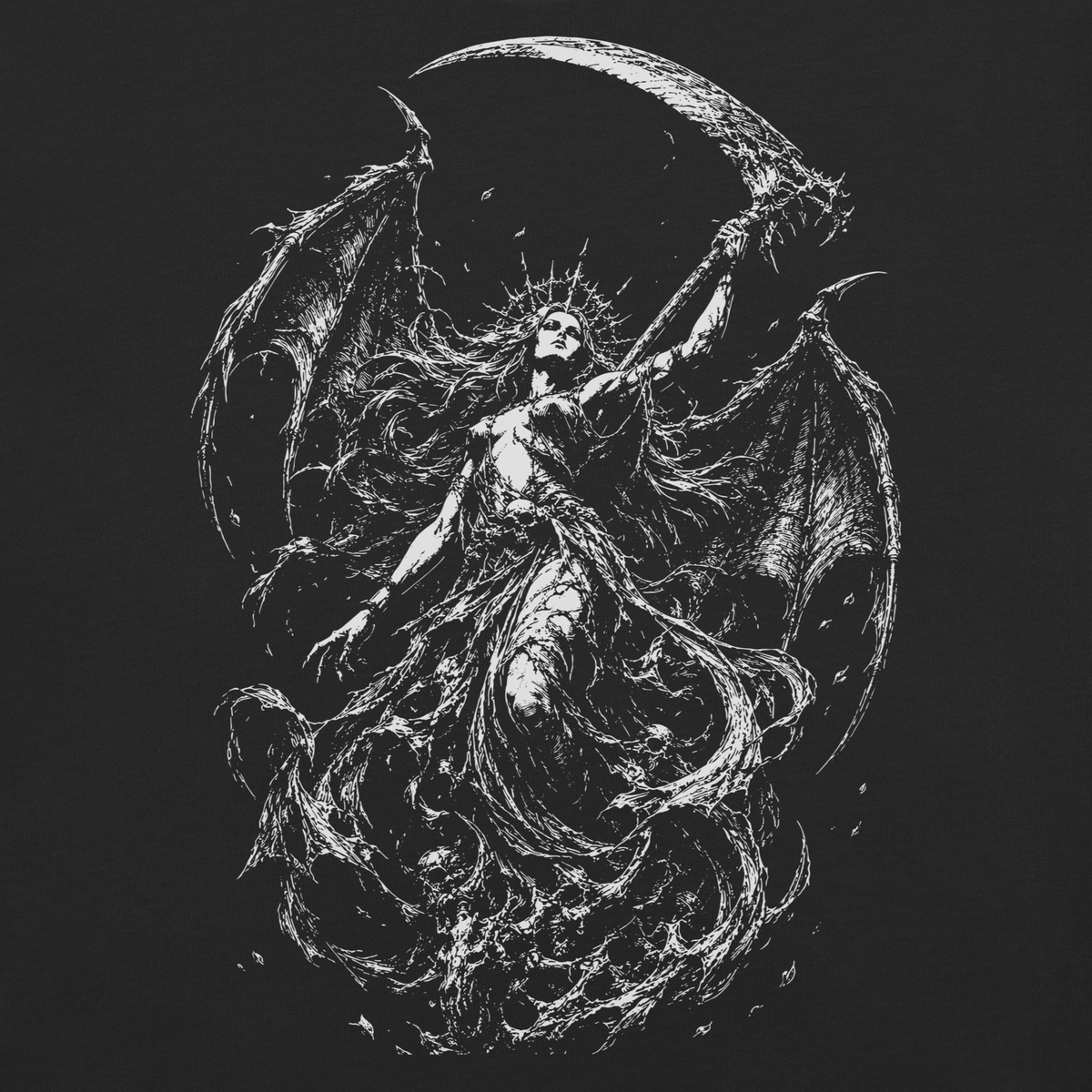 Succubus Reaper black heavyweight t-shirt, original Printful artwork detail