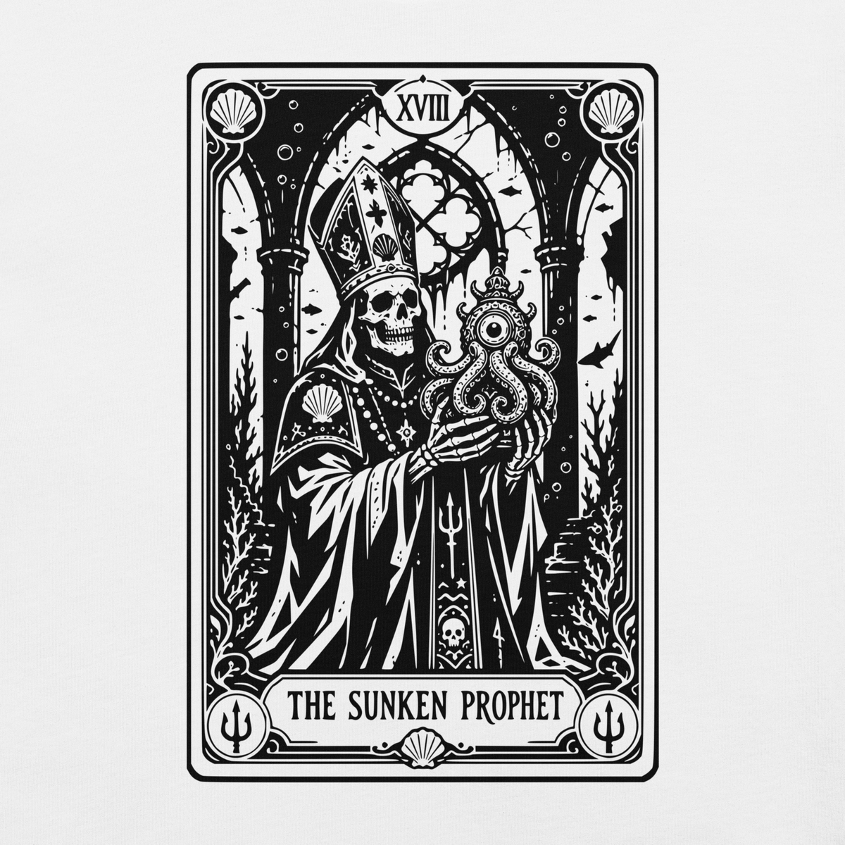 The Sunken Prophet White t-shirt, original Printful front artwork-detail view