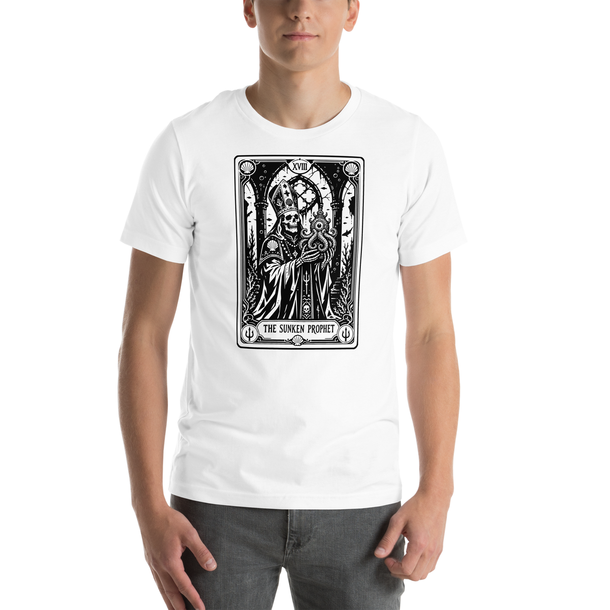 The Sunken Prophet White t-shirt, original Printful front on-body view