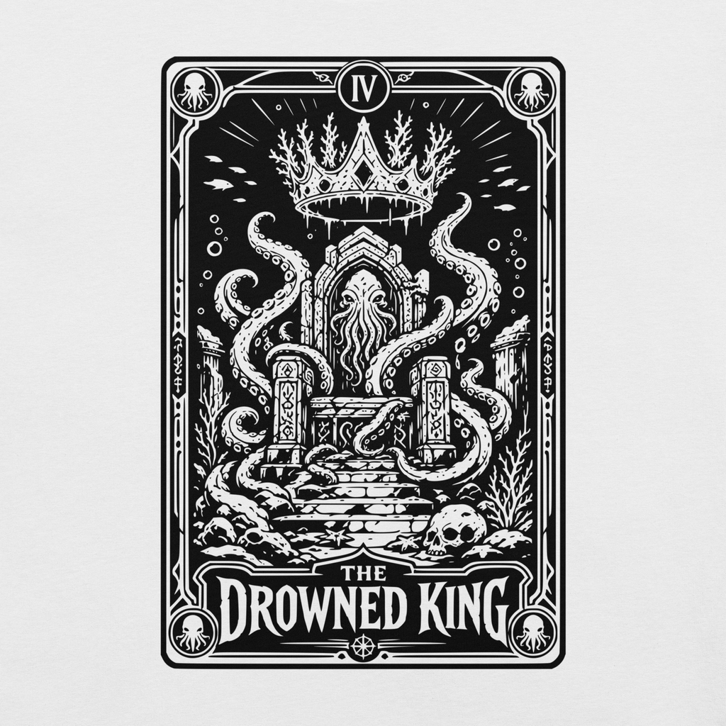 The Drowned King solid white blend t-shirt, original Printful artwork detail