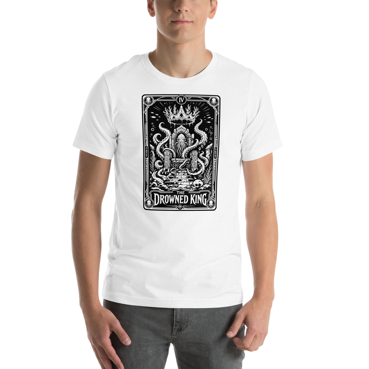 The Drowned King solid white blend t-shirt, original Printful front on-body view
