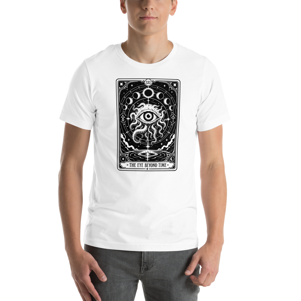 The Eye Beyond Time white t-shirt, original Printful front on-body view