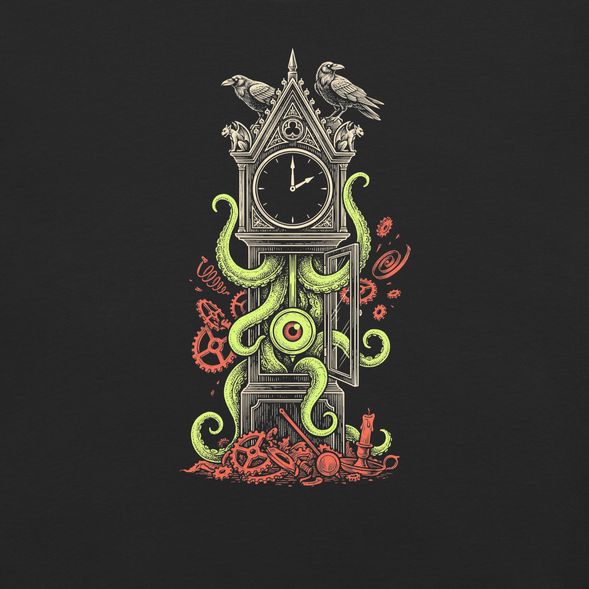 Printful supplier artwork detail mockup of The Thirteenth Hour on the original black heavyweight T-shirt.