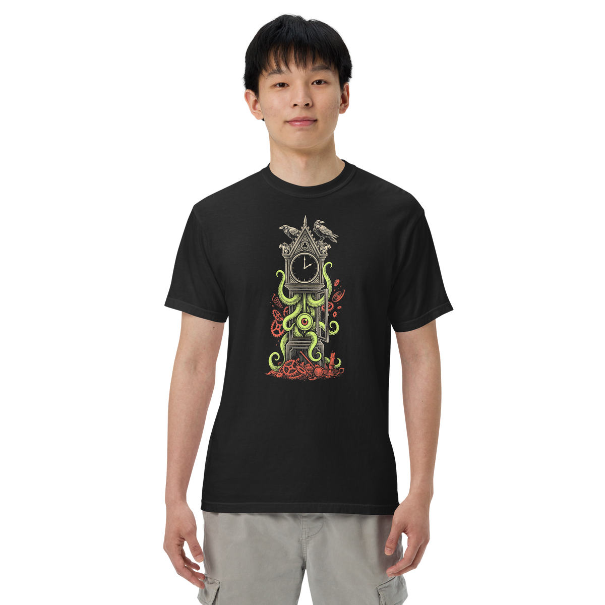 Printful supplier on-body mockup of The Thirteenth Hour on the original black heavyweight T-shirt.