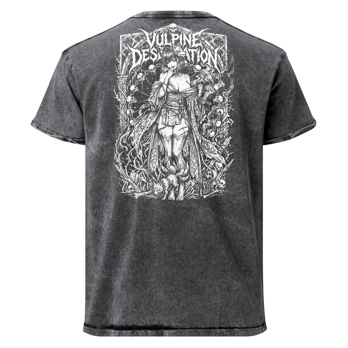 Vulpine Desolation denim T-shirt in black, Printful Back print mockup