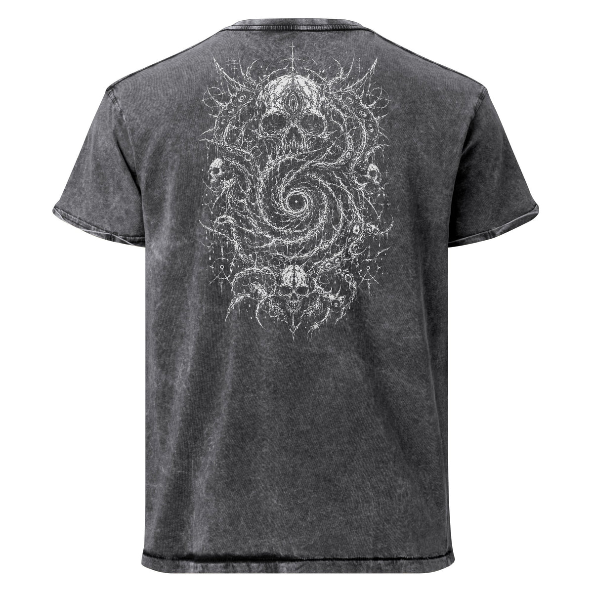 Eldritch Skull Vortex graphic denim t-shirt in black, Back print