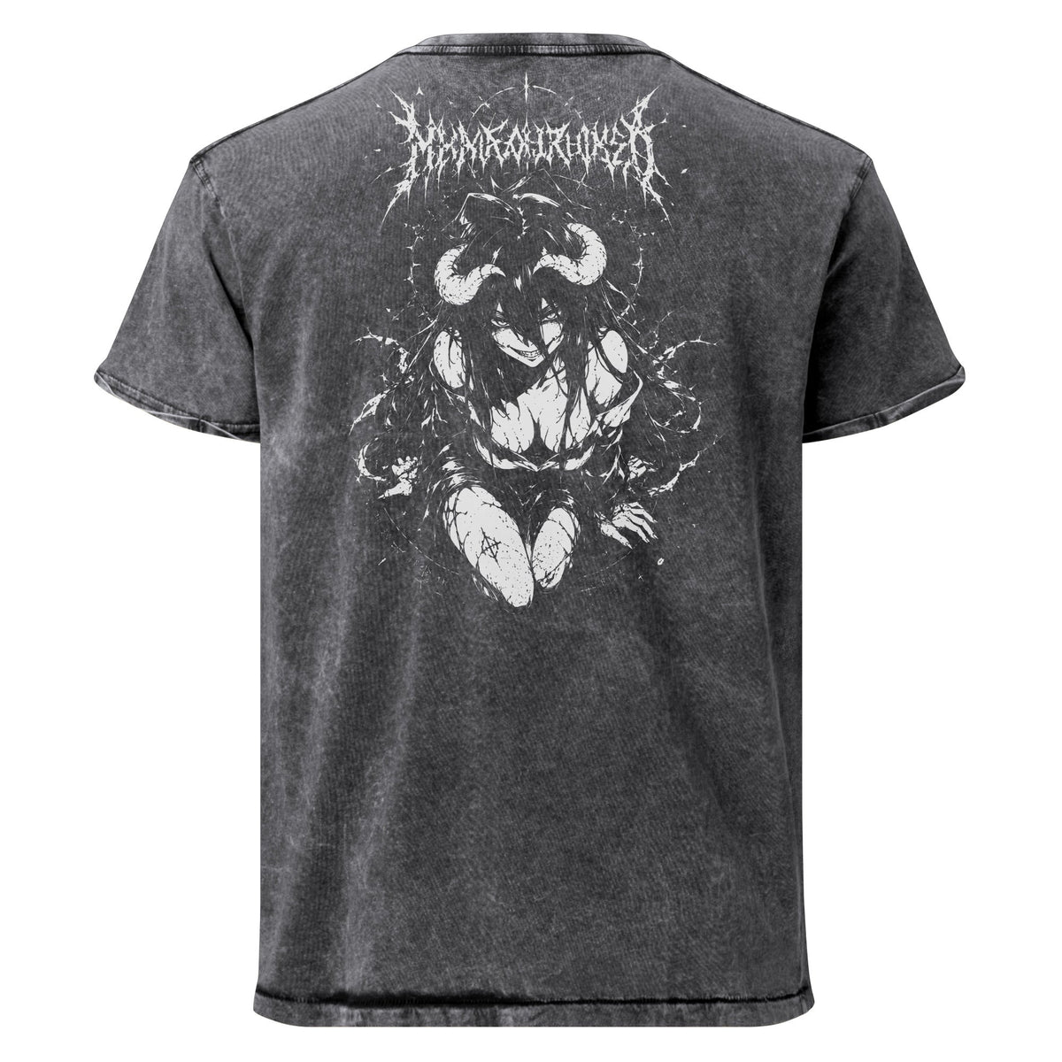 Horned Succubus denim T-shirt — Back print; front is blank.