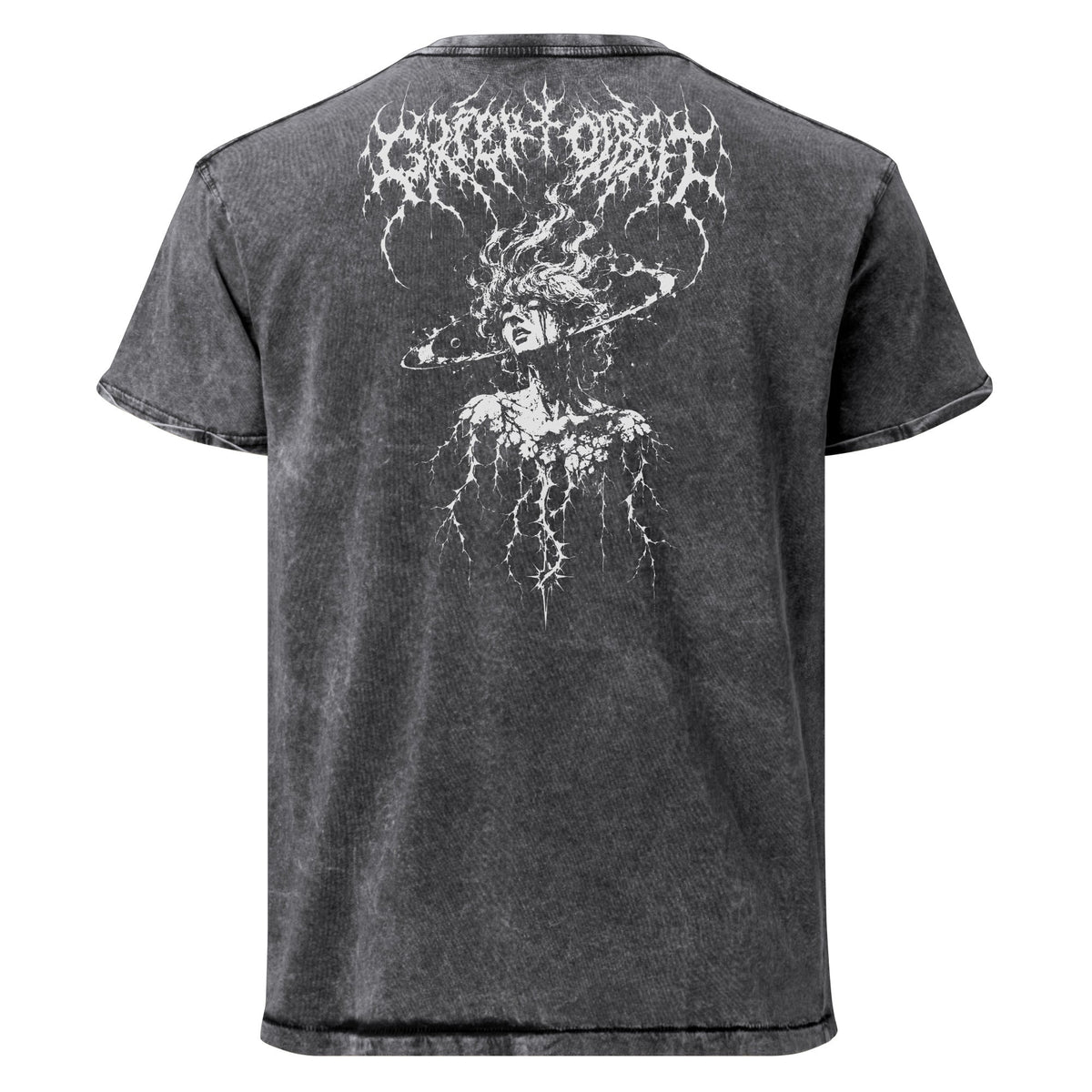 Grief Orbit denim T-shirt — Back print; front is blank.