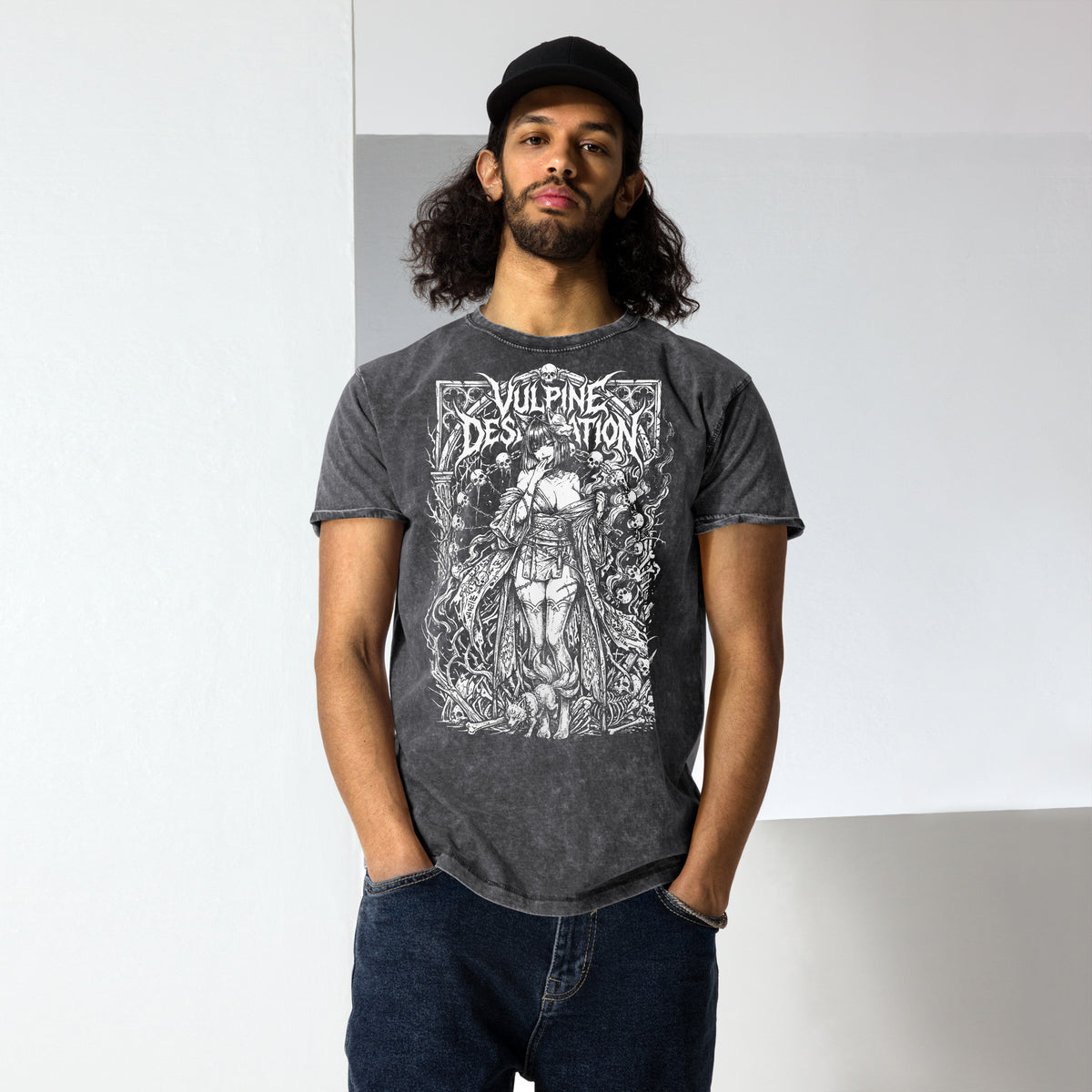 Vulpine Desolation graphic denim-tone t-shirt in black, front view