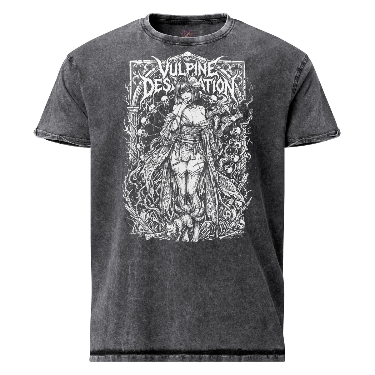 Vulpine Desolation graphic denim-tone t-shirt in black, front view