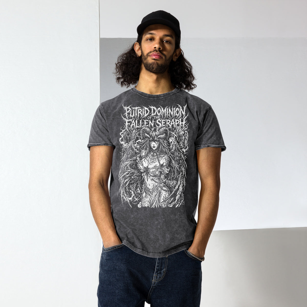 Putrid Dominion Fallen Seraph graphic denim-tone t-shirt in black, front view