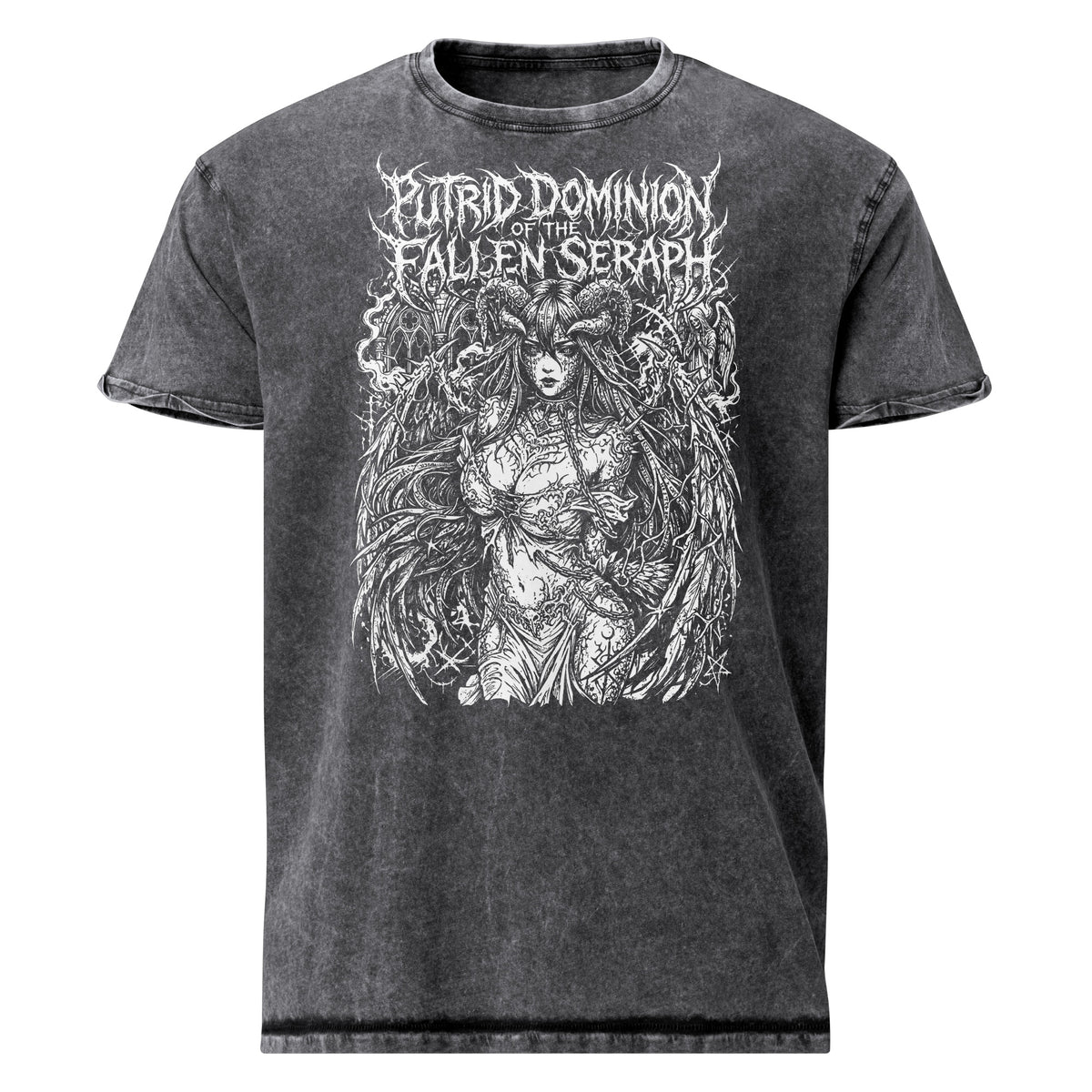 Putrid Dominion Fallen Seraph graphic denim-tone t-shirt in black, front view