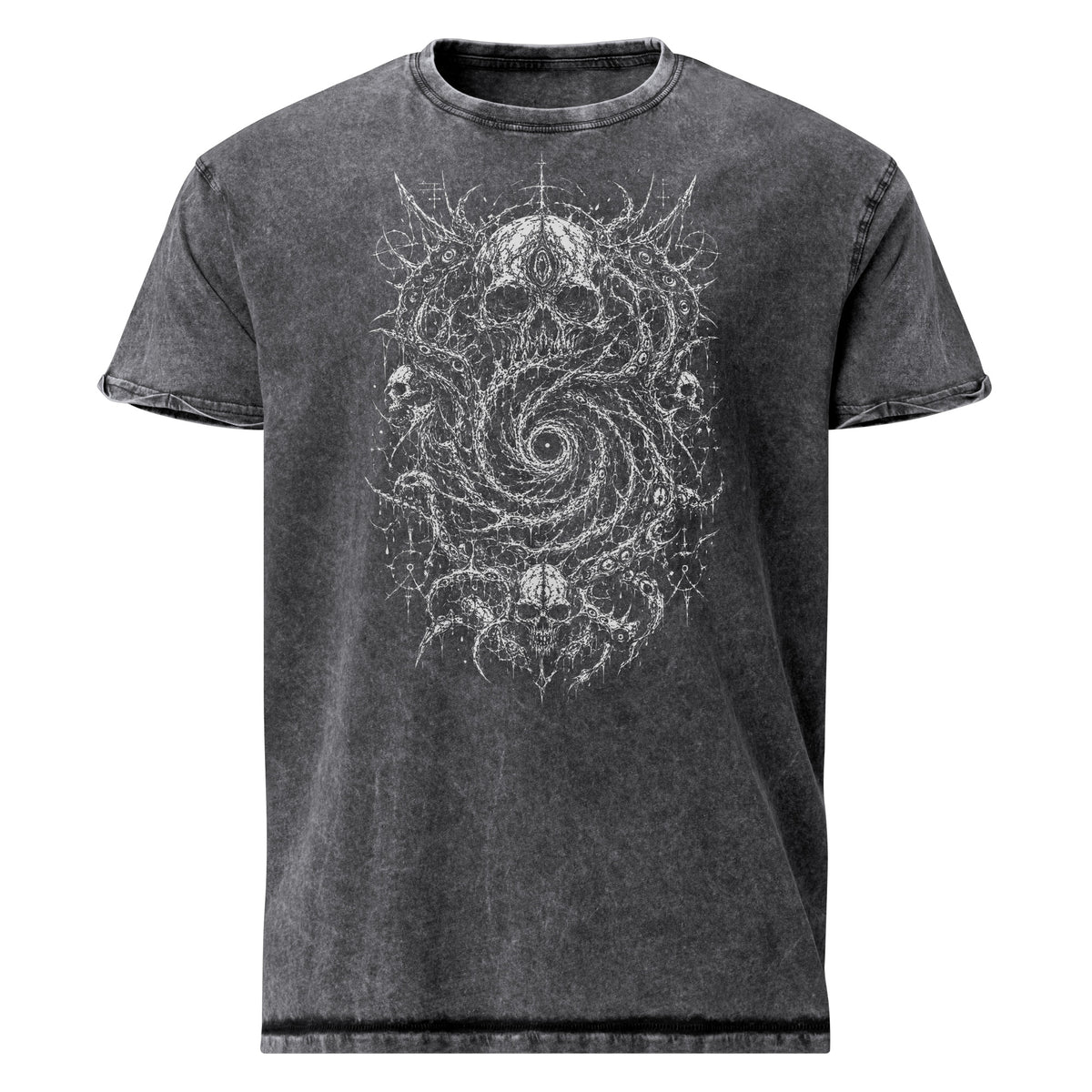 Eldritch Skull Vortex graphic denim-tone t-shirt in black, front view