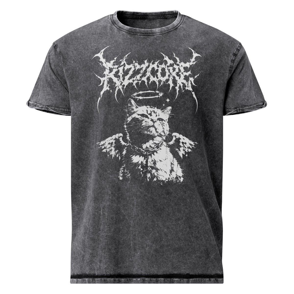 "Rizzcore" Angel Cat graphic denim-tone t-shirt in black, front view