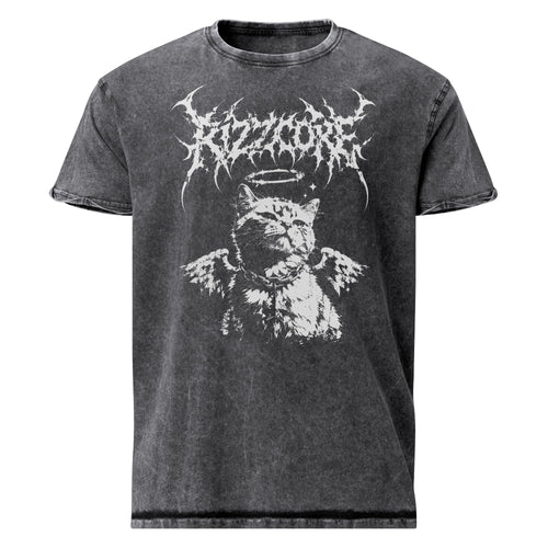 "Rizzcore" Angel Cat graphic denim-tone t-shirt in black, front view