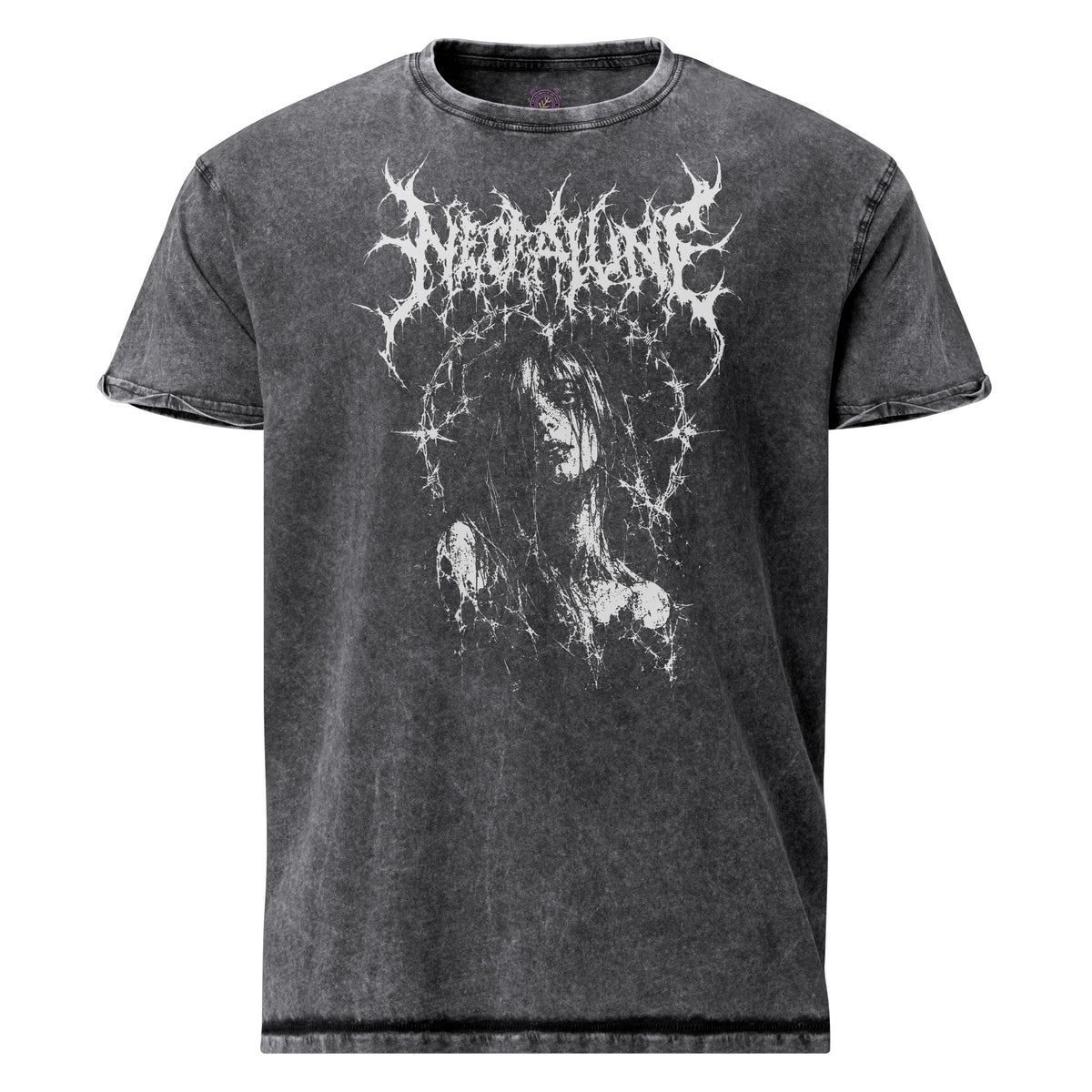 Necralune graphic denim-tone t-shirt in black, front view