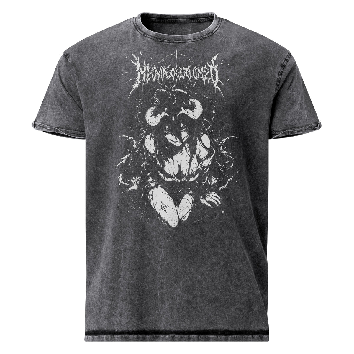 Horned Succubus graphic denim-tone t-shirt in black, front view