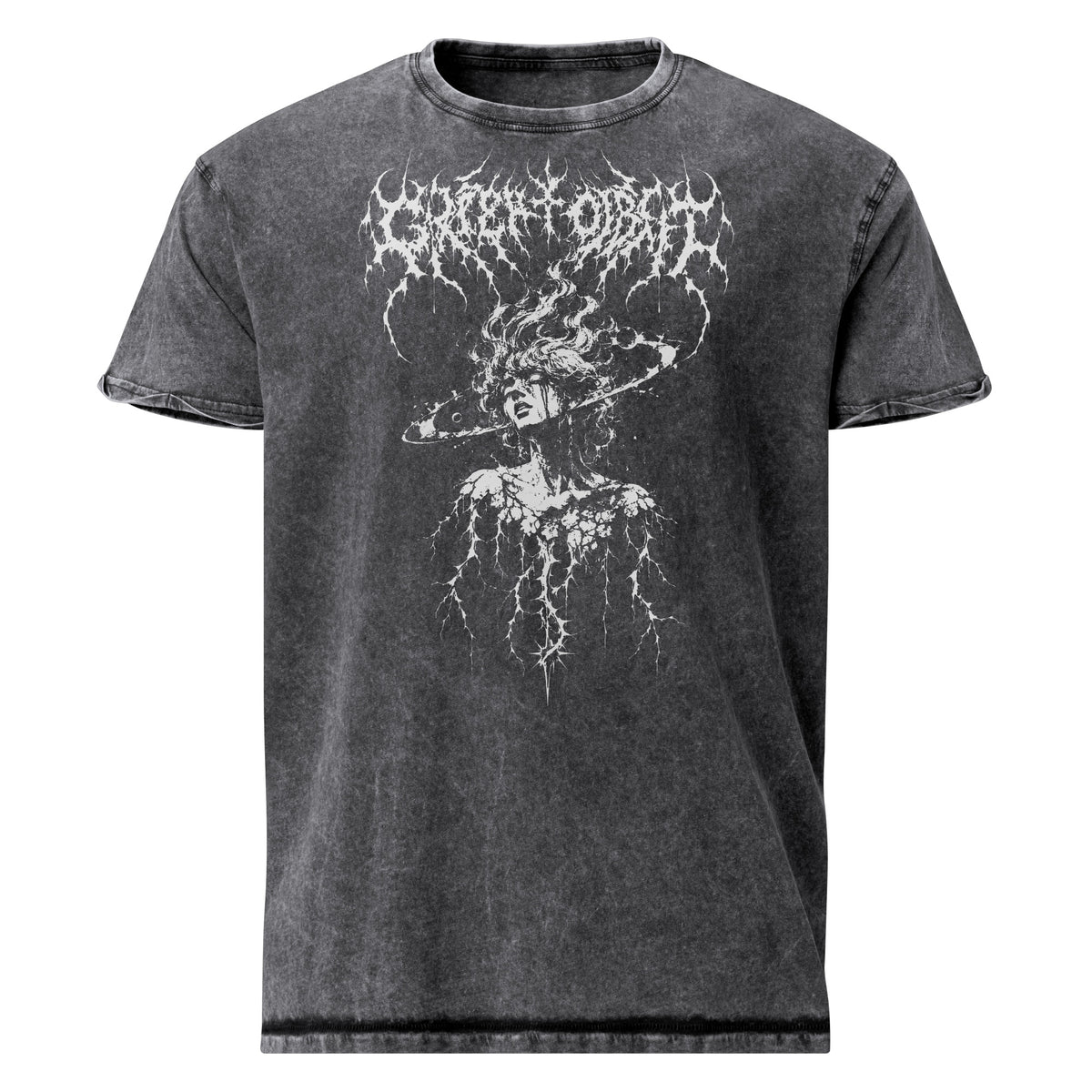 Grief Orbit graphic denim-tone t-shirt in black, front view