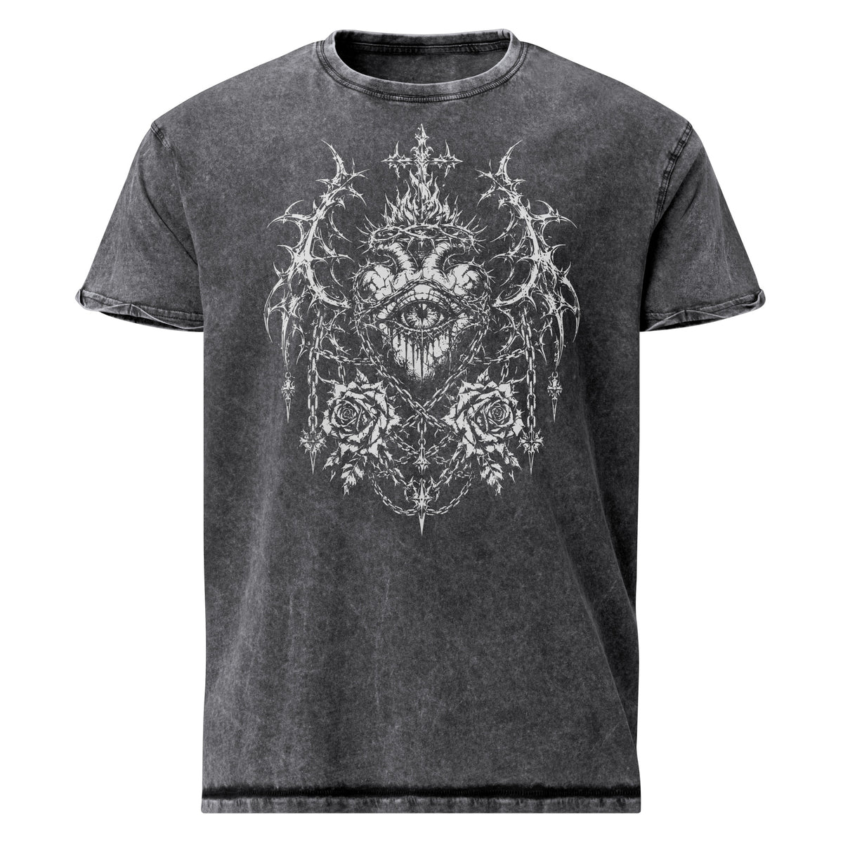 Sacred Vision graphic denim-tone t-shirt in black, front view