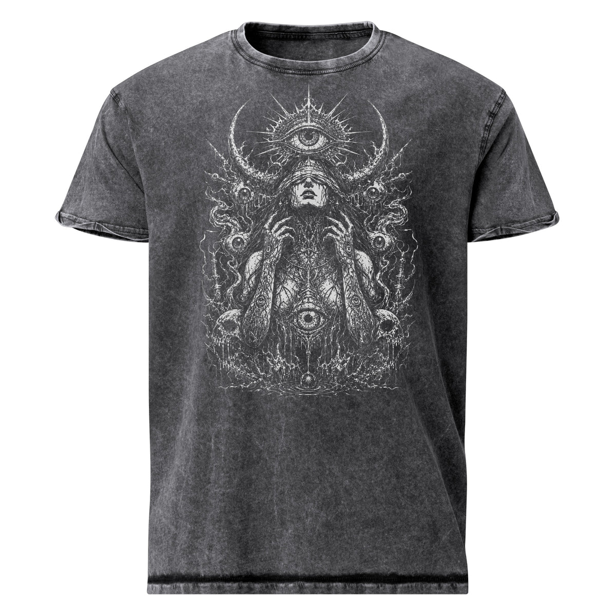 Blind Oracle graphic denim-tone t-shirt in black, front view