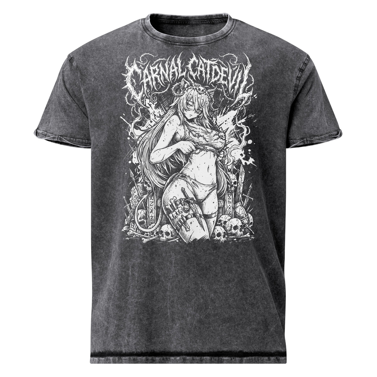 Carnal Cat Devil graphic denim-tone t-shirt in black, front view