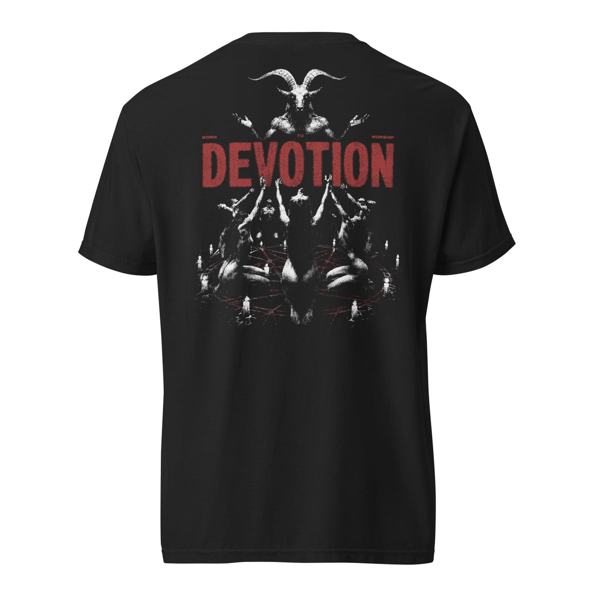 Born to Devotion black heavyweight T-shirt, Back print — genuine Printful mockup