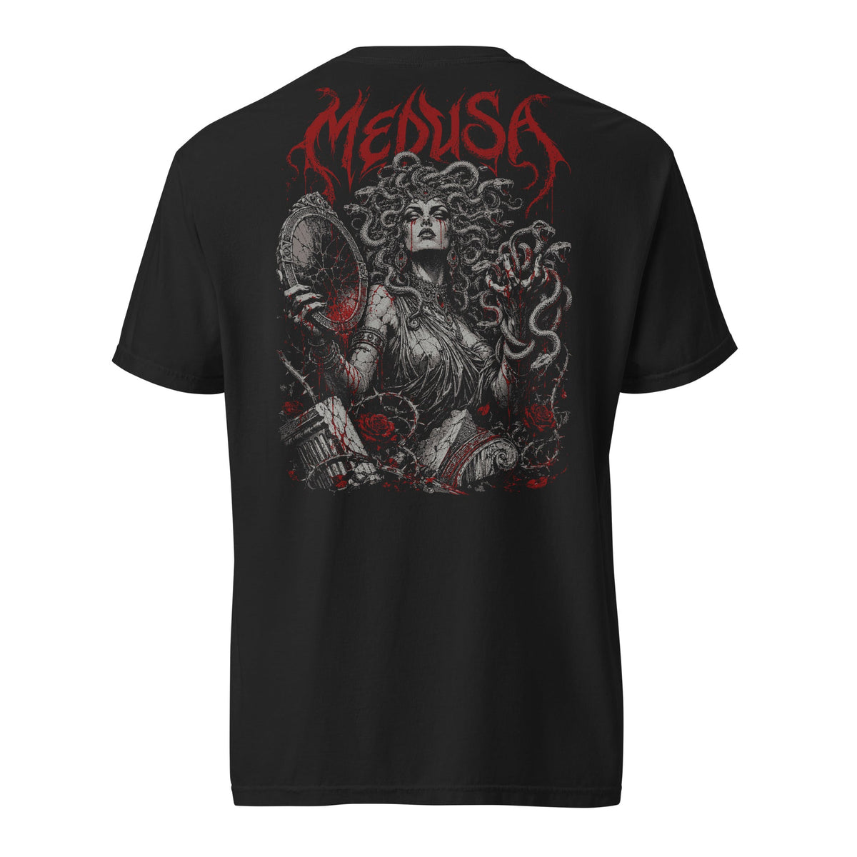 Medusa black heavyweight t-shirt, Back print option, original Printful back mockup