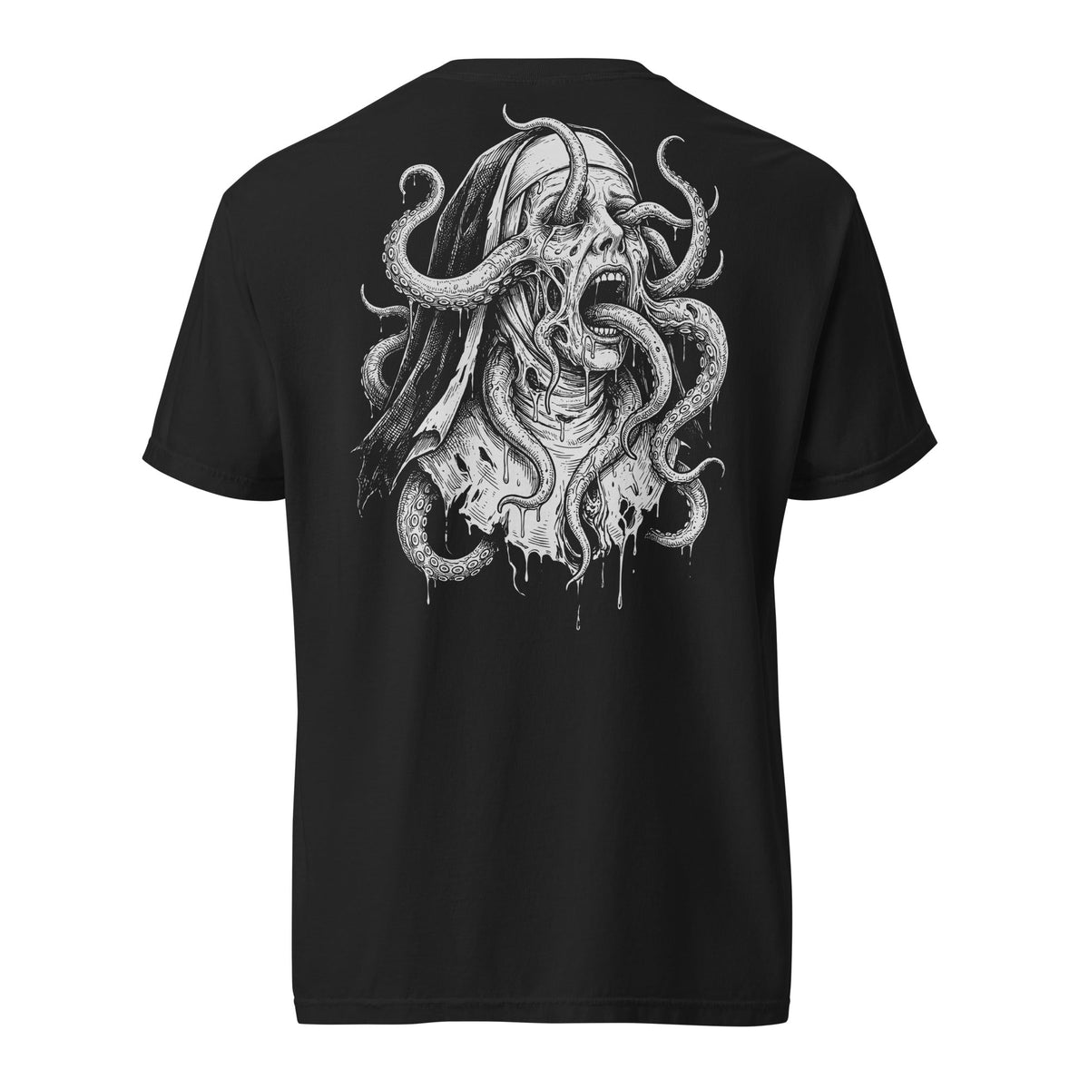 Eldritch Devotion heavyweight T-shirt in black, Back print view