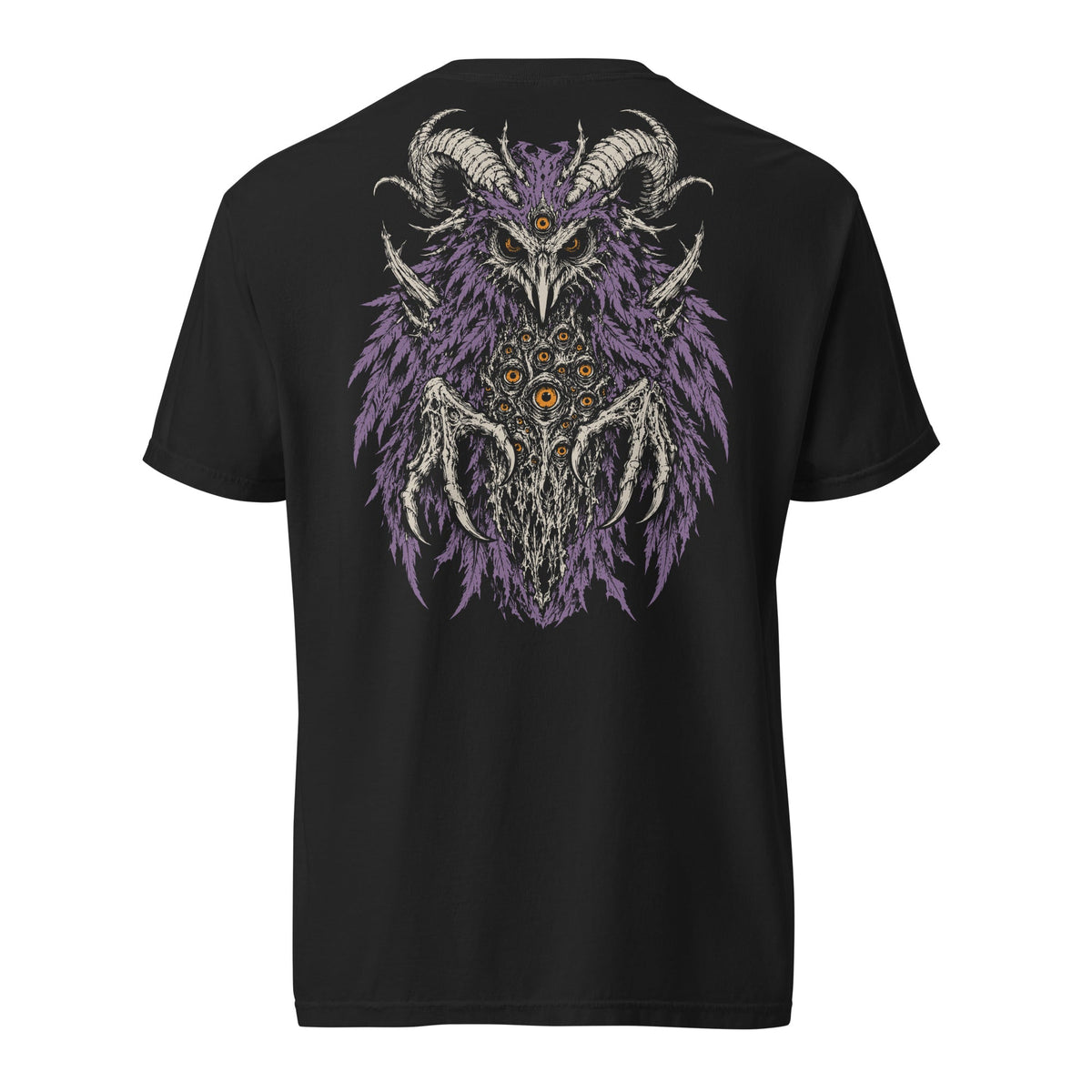 Demon Owl heavyweight T-shirt — Back print; front is blank.