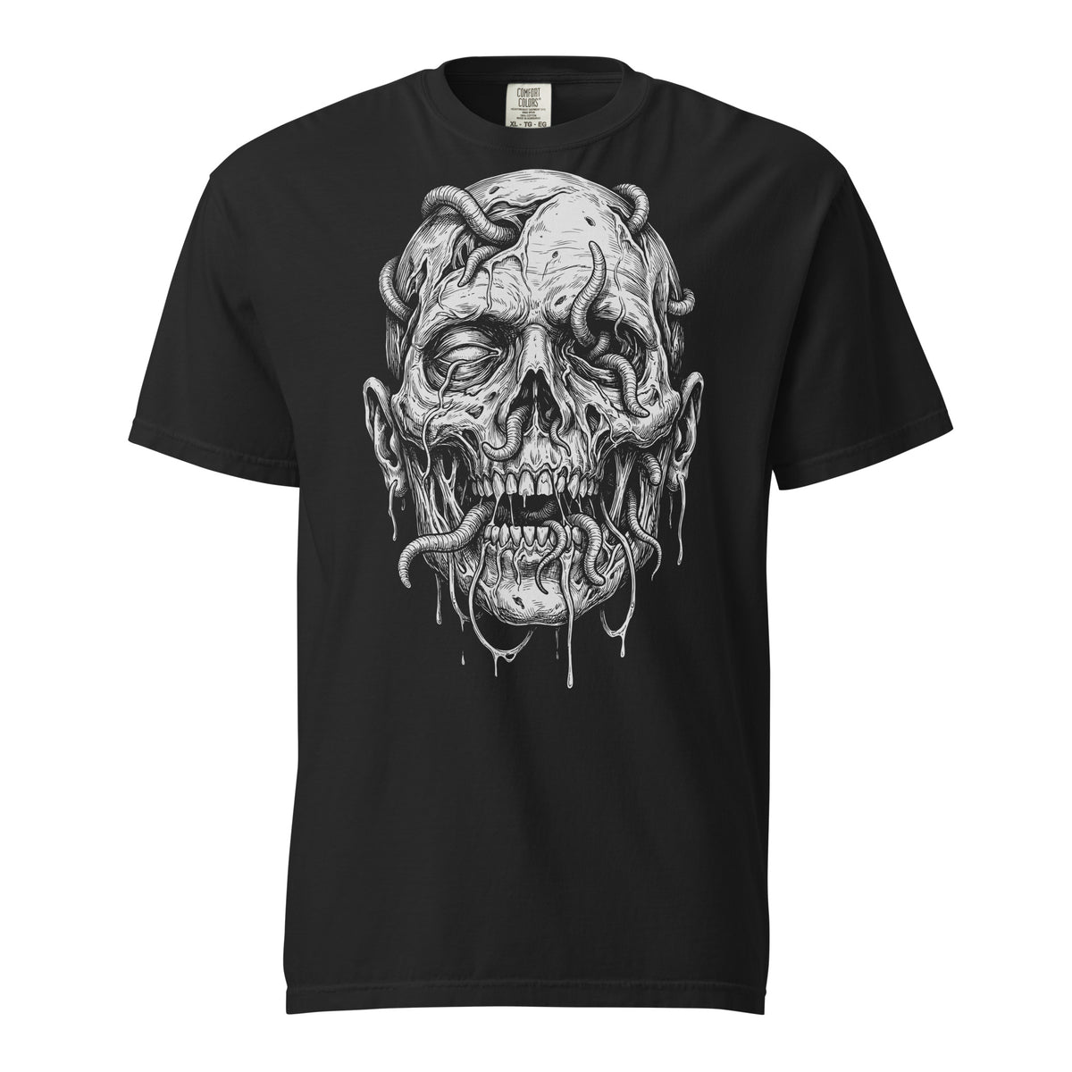 Necrotic Host graphic heavyweight t-shirt in black, front view