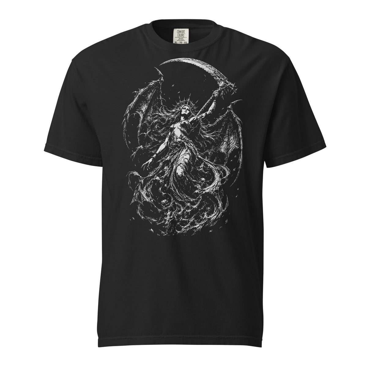 Succubus Reaper graphic heavyweight t-shirt in black, front view