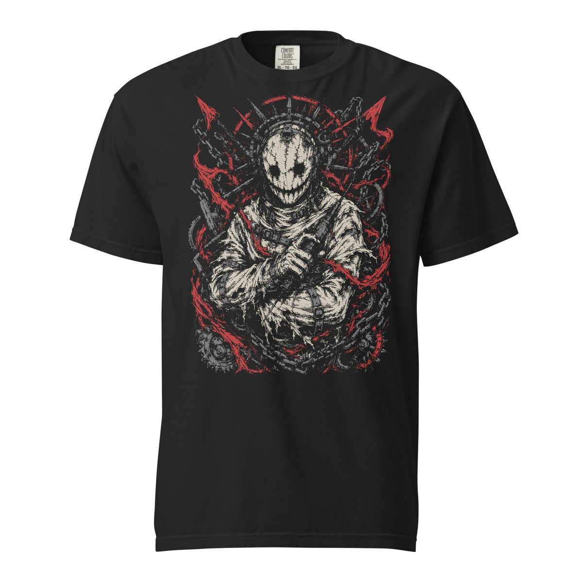 Spiked Mask graphic heavyweight t-shirt in black, front view