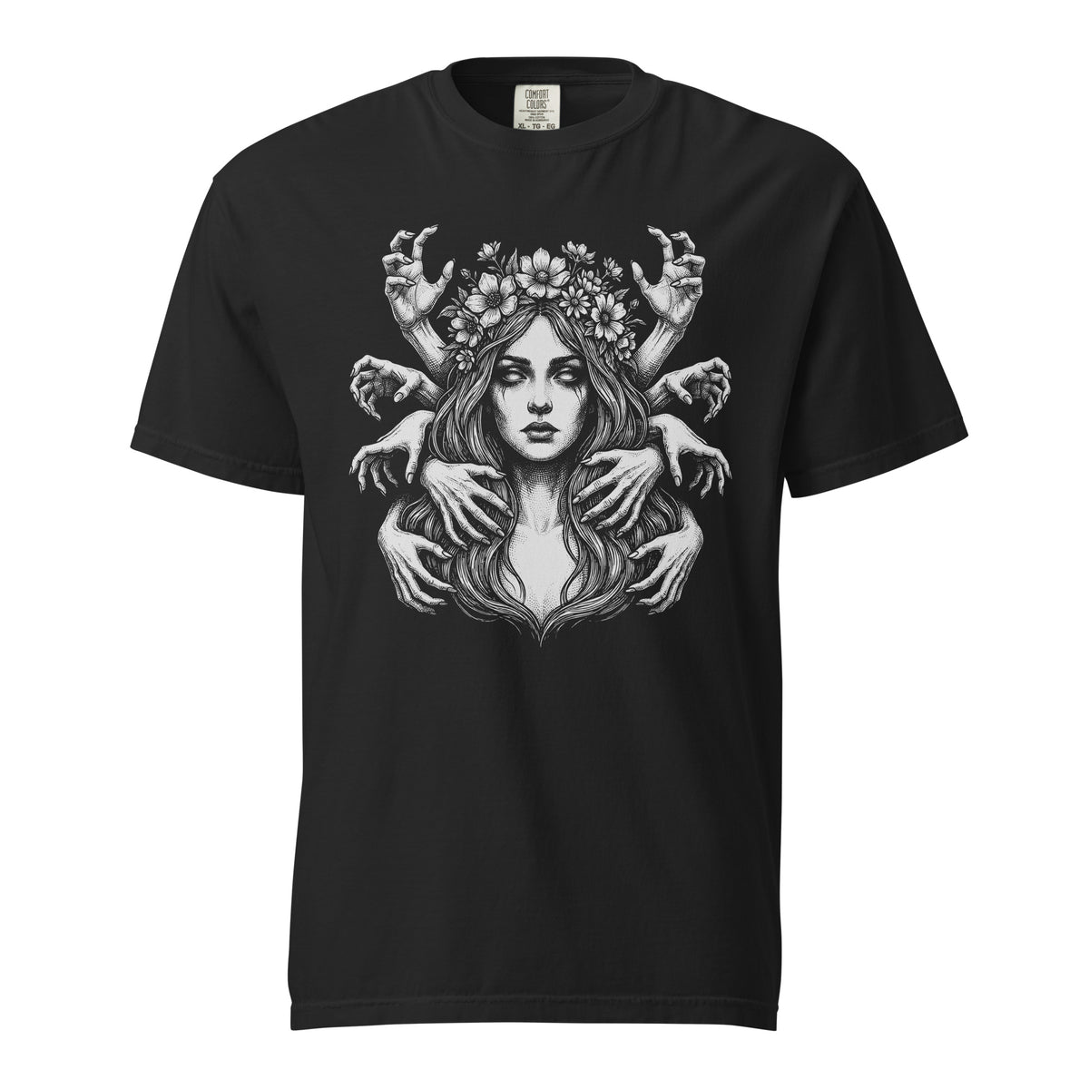 Grasping Shadows Occult Maiden graphic heavyweight t-shirt in black, front view