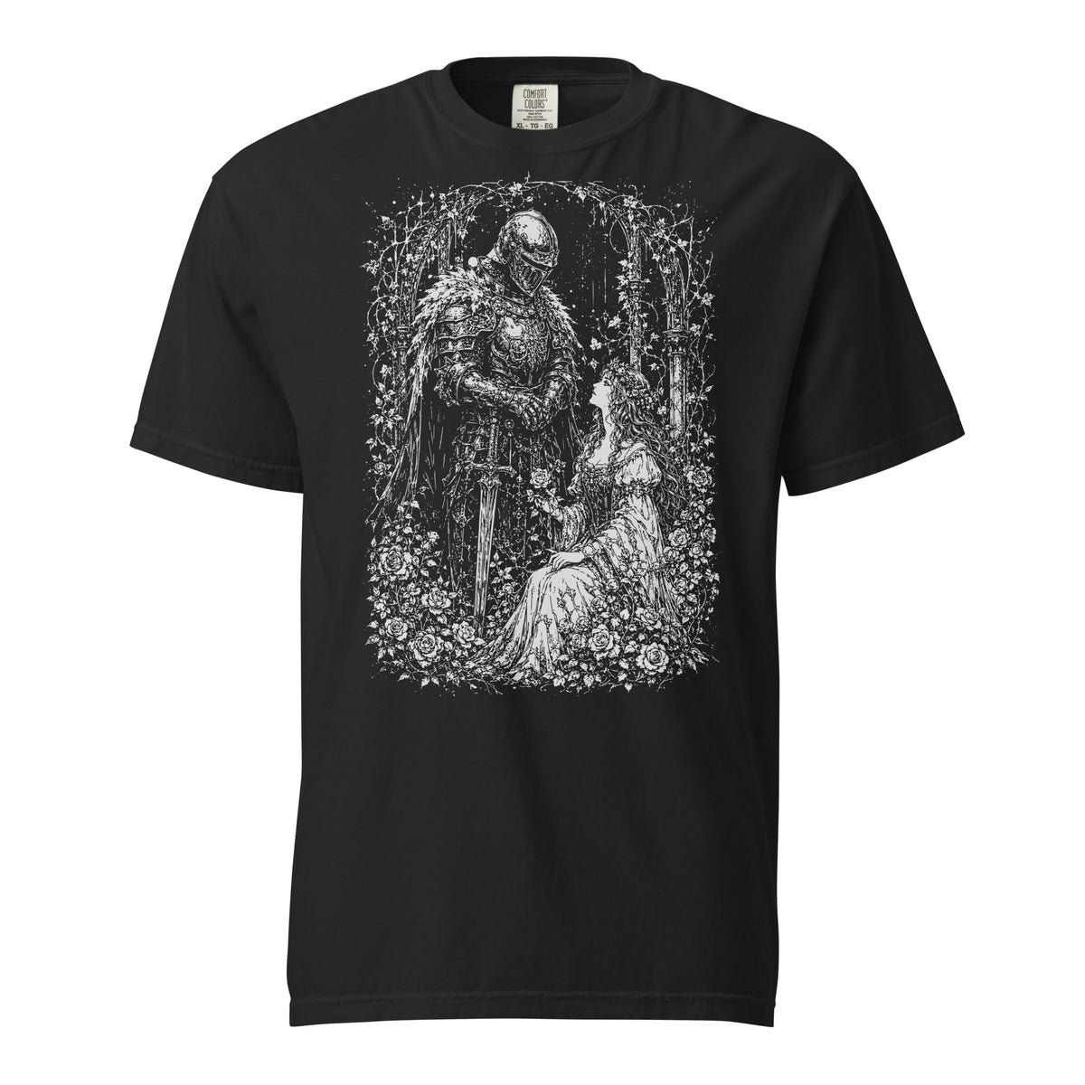 Gothic Romance graphic heavyweight t-shirt in black, front view