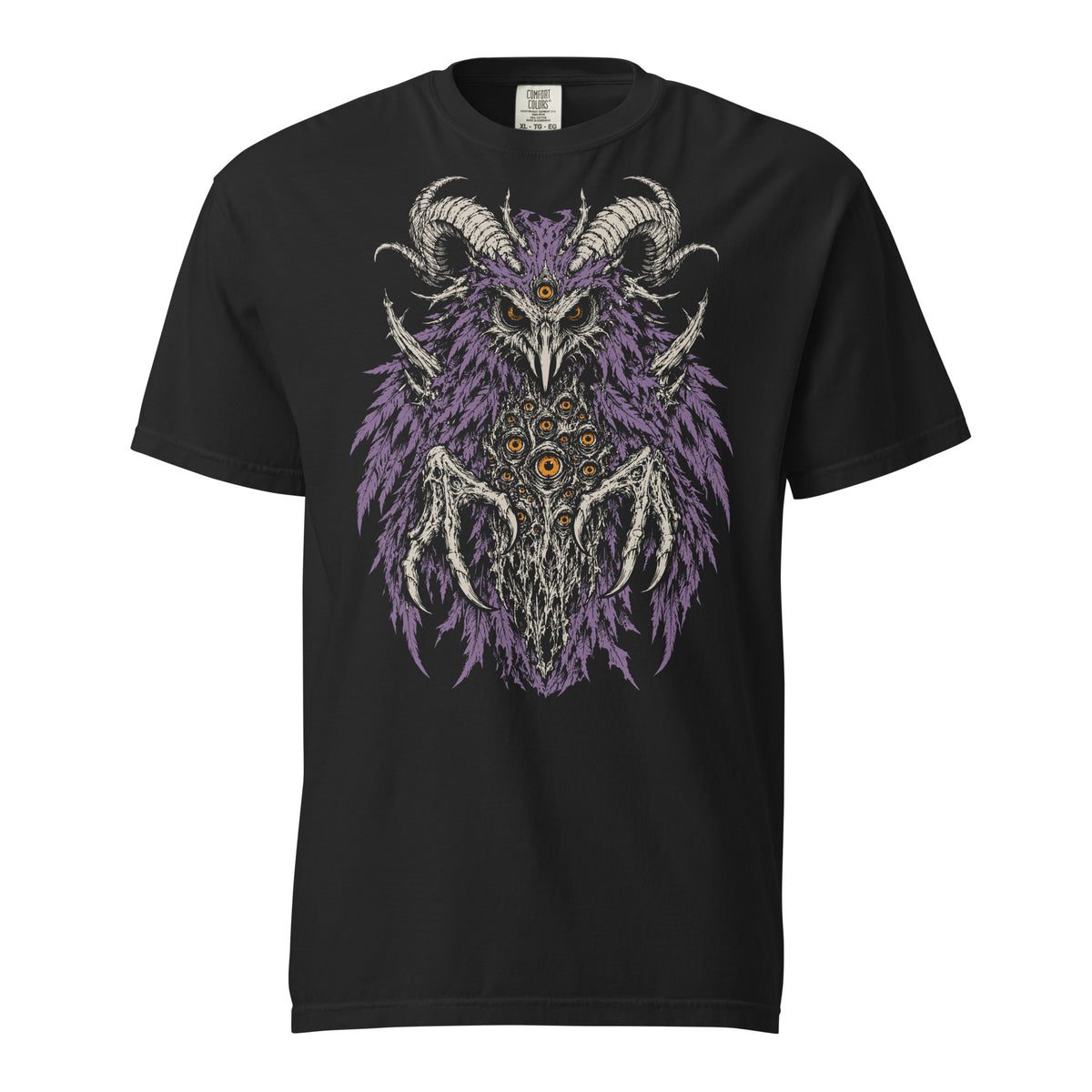 Demon Owl graphic heavyweight t-shirt in black, front view