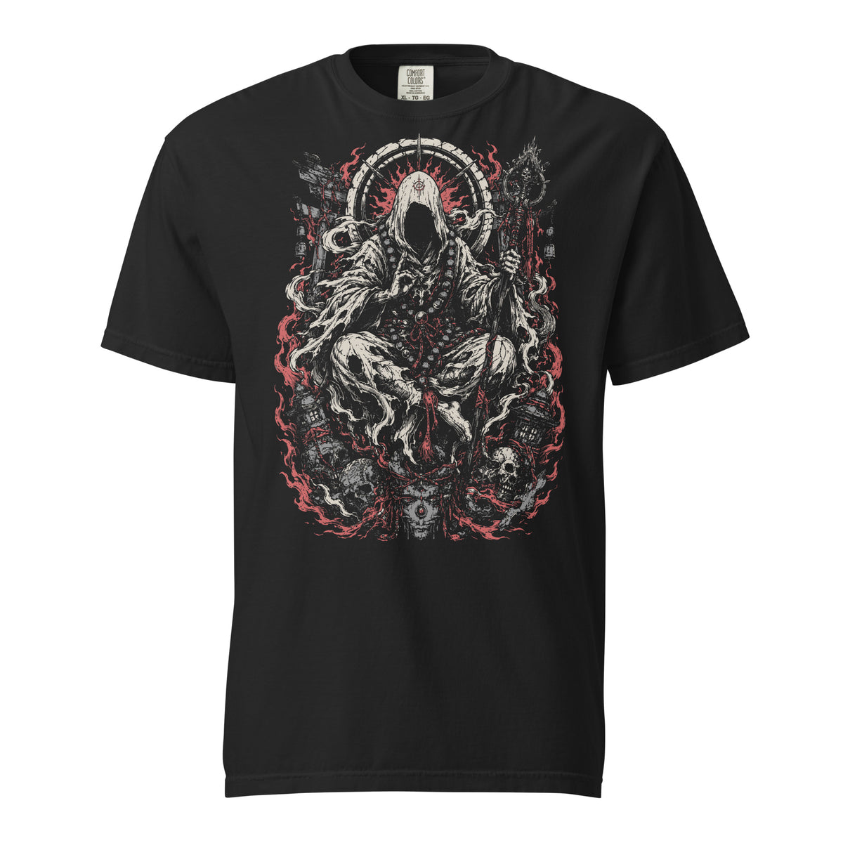 Death Monk graphic heavyweight t-shirt in black, front view