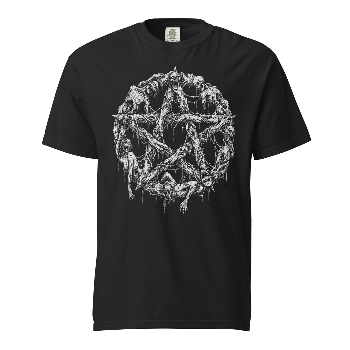 Corpse Pentagram graphic heavyweight t-shirt in black, front view