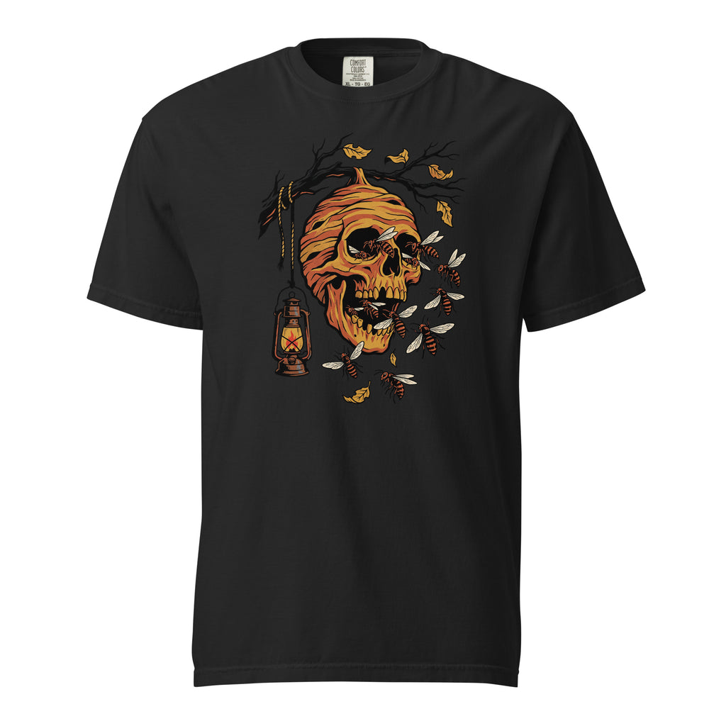The Paper Skull graphic heavyweight t-shirt in black, front view