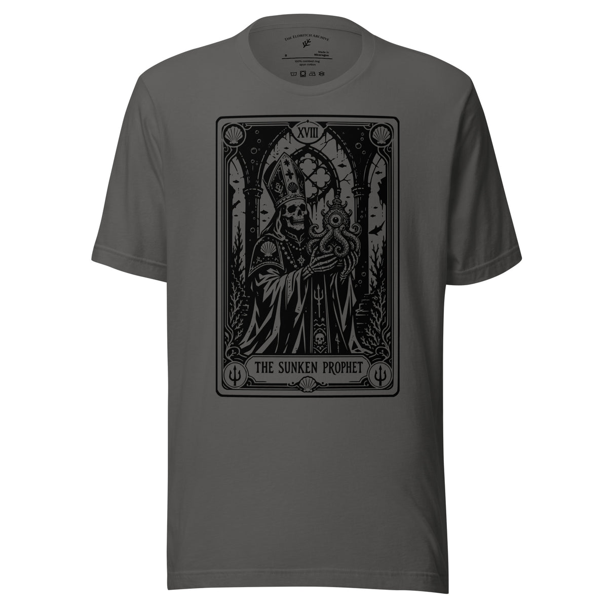 The Sunken Prophet graphic unisex t-shirt in asphalt, front view