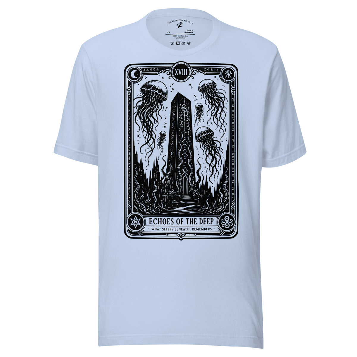 Echoes of the Deep graphic unisex t-shirt in baby blue, front view