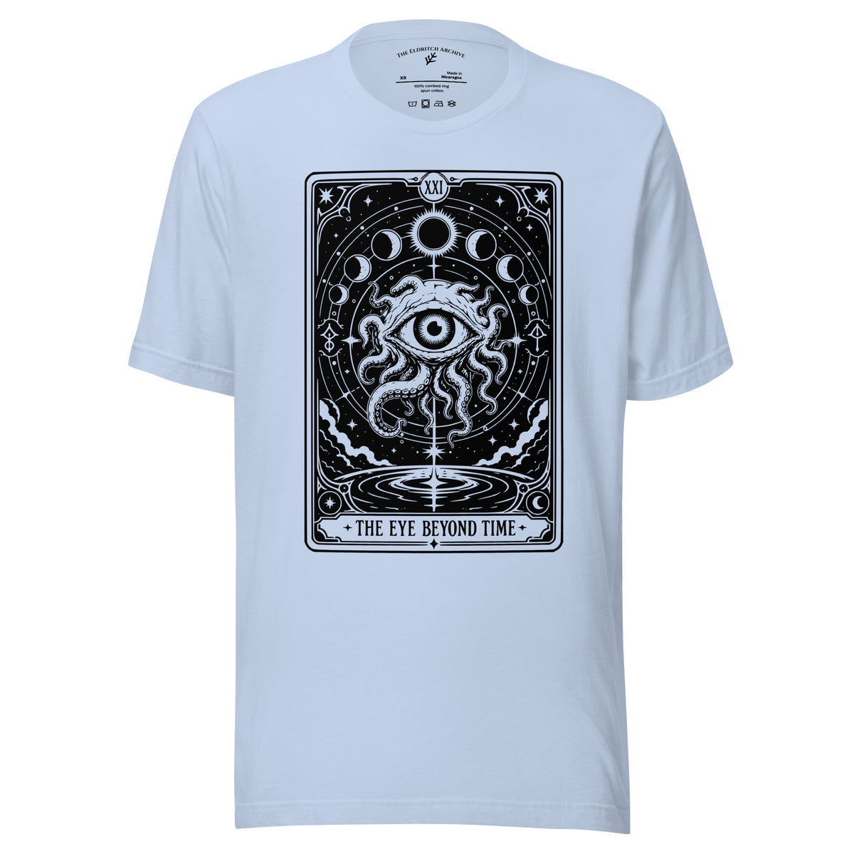 The Eye Beyond Time graphic unisex t-shirt in baby blue, front view