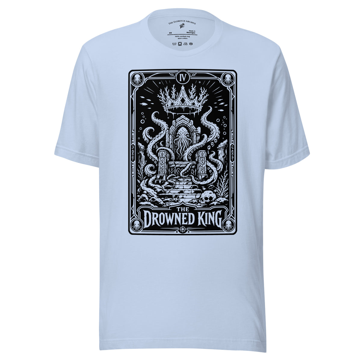 The Drowned King graphic unisex t-shirt in baby blue, front view