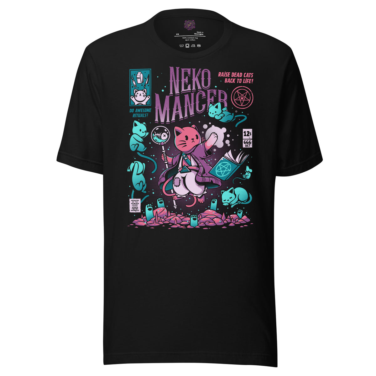 Nekomancer graphic unisex t-shirt in black, front view
